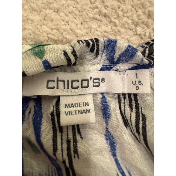 Chicos Blouse V Neck Ikat Beaded Spell Out Black White Size 1/8 Gathered Sleeves - Picture 5 of 9